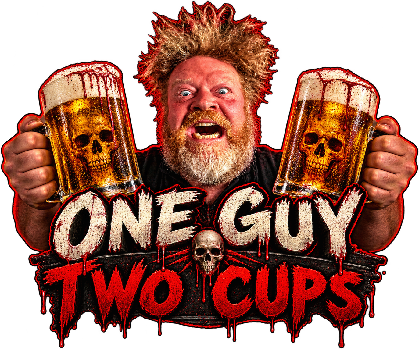 Alternate horror-style One Guy Two Cups artwork of a wild-haired man holding two skull beer mugs